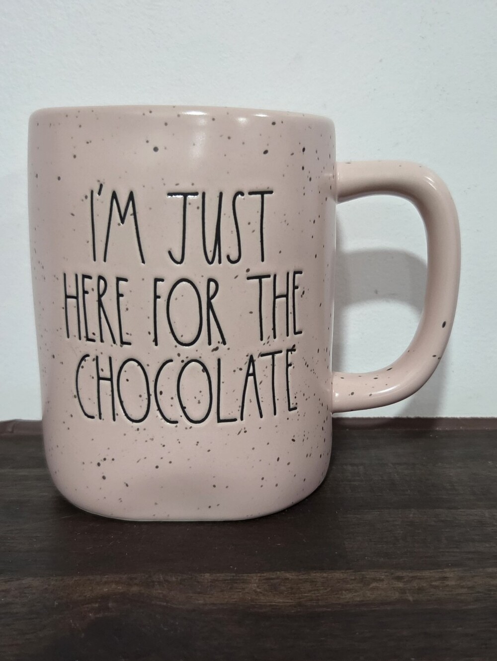 Rae Dunn Pink Speckled Ceramic Mug - "I'm Just Here for the Chocolate"